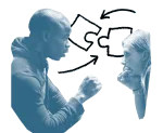 Visuel représentant les activités Arts et culture de l'association Peuple et Culture Union : photo d'un homme et d'une femme qui discutent, deux pièces de puzzle dessinées s'assemblent autour