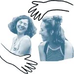 Visuel représentant les activités Apprentissage interculturel de l'association Peuple et Culture Union : photo de deux jeunes filles qui rient ensemble, entourées de mains dessinées